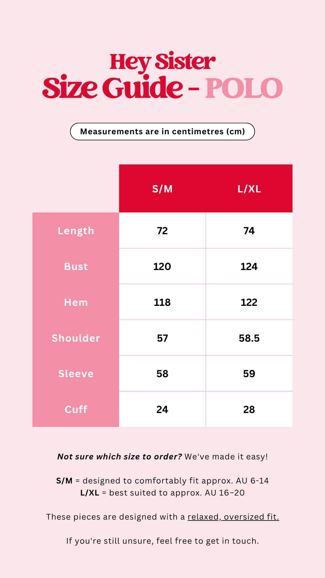 A size guide table for a polo shirt labeled 'Hey Sister Size Guide - POLO' on a light pink background. The table compares measurements in centimeters for S/M and L/XL sizes, including length, bust, hem, shoulder, sleeve, and cuff.